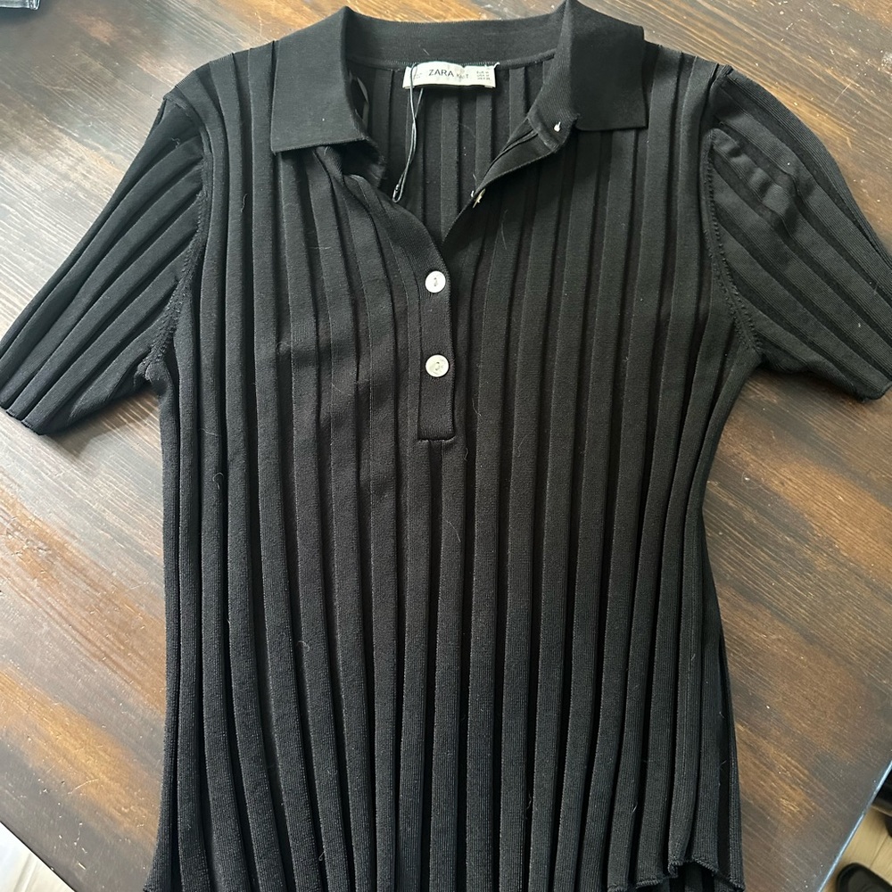 Zara Black Ribbed Short Sleeve Polo Shirt